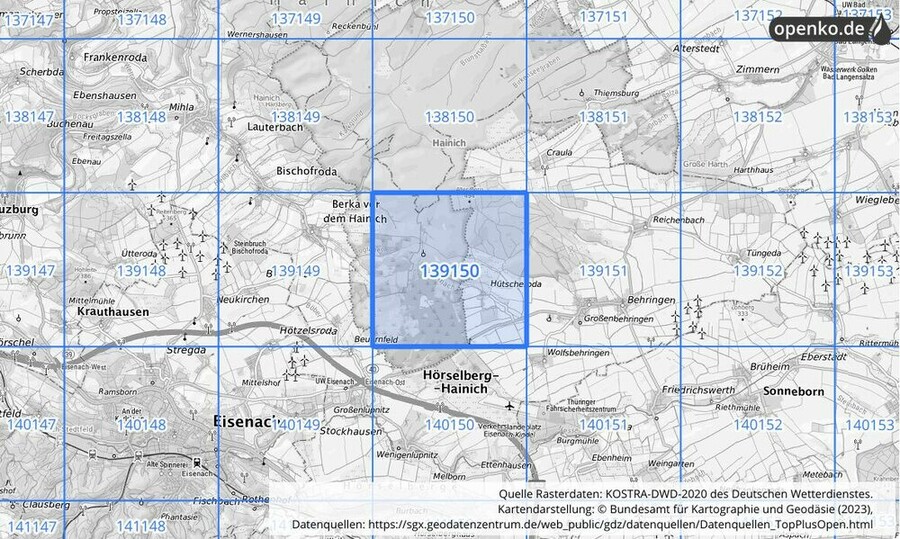 Übersichtskarte des KOSTRA-DWD-2020-Rasterfeldes Nr. 139150