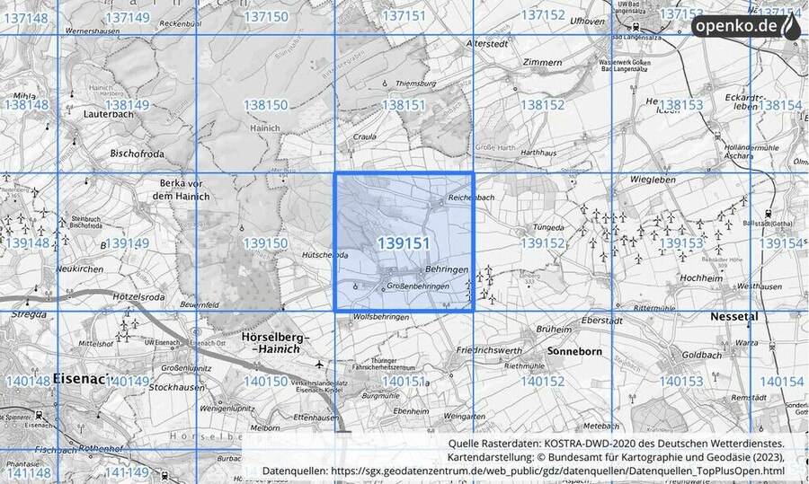 Übersichtskarte des KOSTRA-DWD-2020-Rasterfeldes Nr. 139151