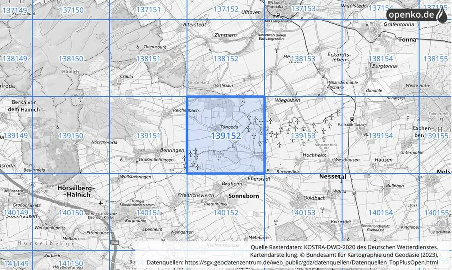 Übersichtskarte des KOSTRA-DWD-2020-Rasterfeldes Nr. 139152