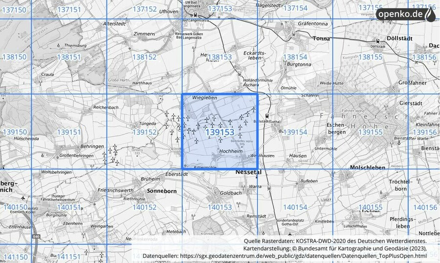 Übersichtskarte des KOSTRA-DWD-2020-Rasterfeldes Nr. 139153