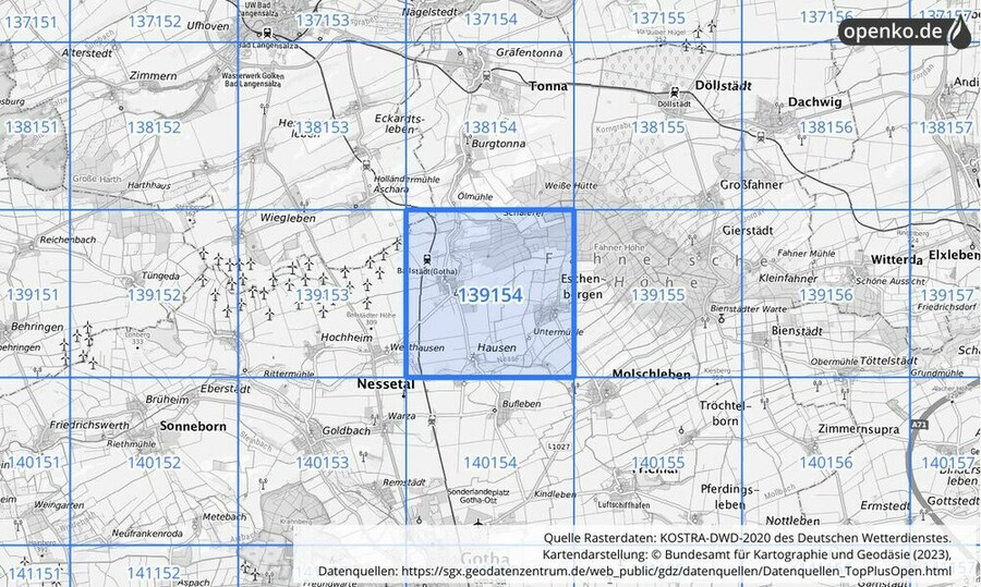 Übersichtskarte des KOSTRA-DWD-2020-Rasterfeldes Nr. 139154