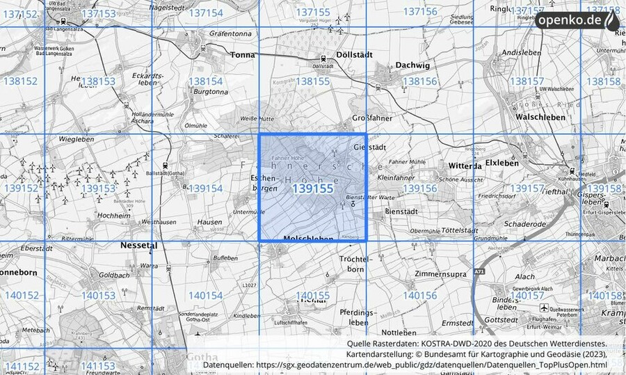 Übersichtskarte des KOSTRA-DWD-2020-Rasterfeldes Nr. 139155