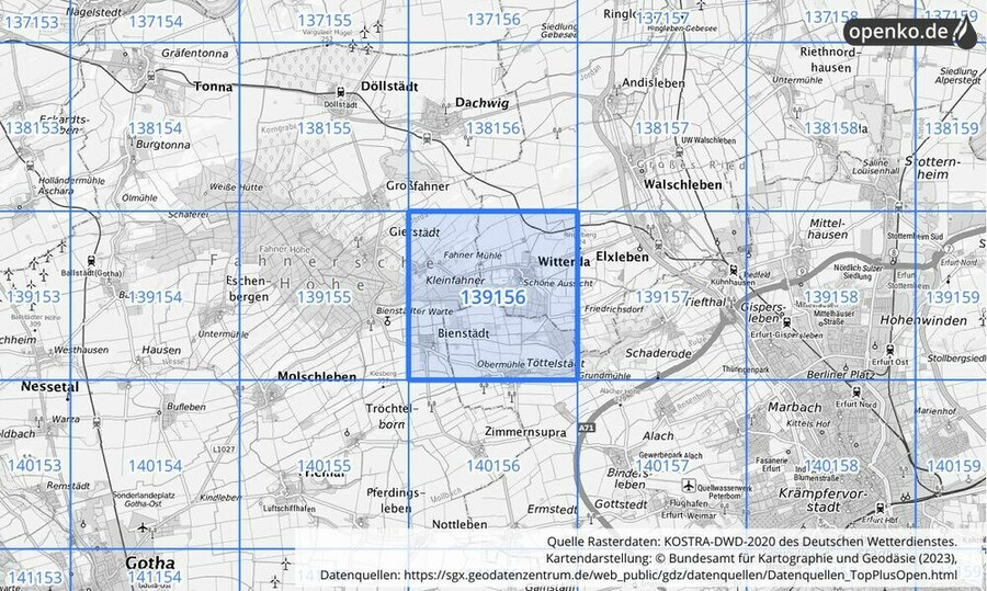 Übersichtskarte des KOSTRA-DWD-2020-Rasterfeldes Nr. 139156