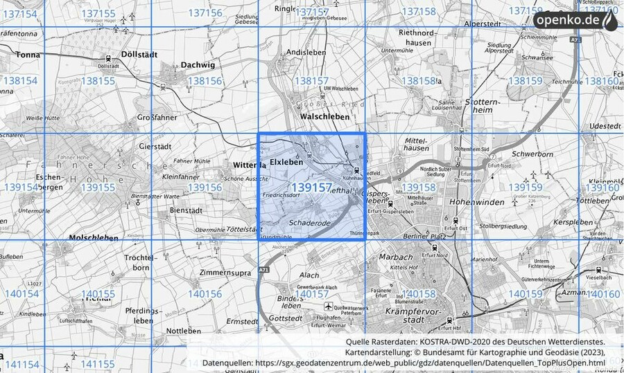 Übersichtskarte des KOSTRA-DWD-2020-Rasterfeldes Nr. 139157