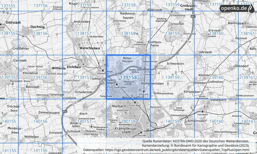 Übersichtskarte des KOSTRA-DWD-2020-Rasterfeldes Nr. 139158