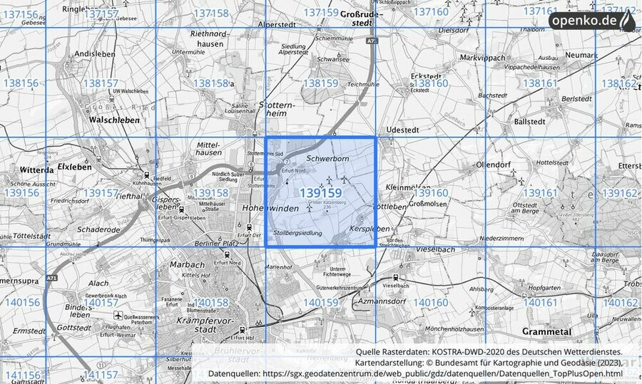 Übersichtskarte des KOSTRA-DWD-2020-Rasterfeldes Nr. 139159