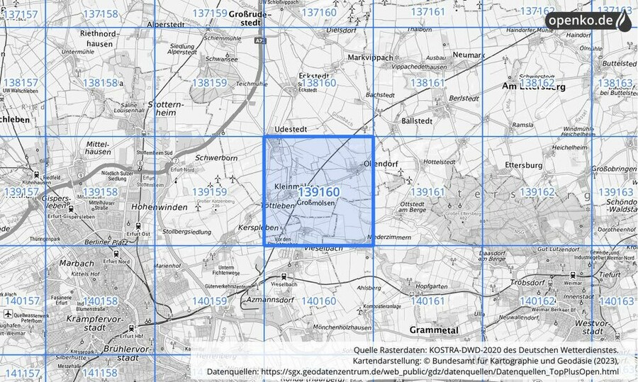 Übersichtskarte des KOSTRA-DWD-2020-Rasterfeldes Nr. 139160