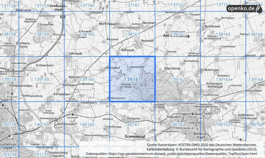 Übersichtskarte des KOSTRA-DWD-2020-Rasterfeldes Nr. 139161