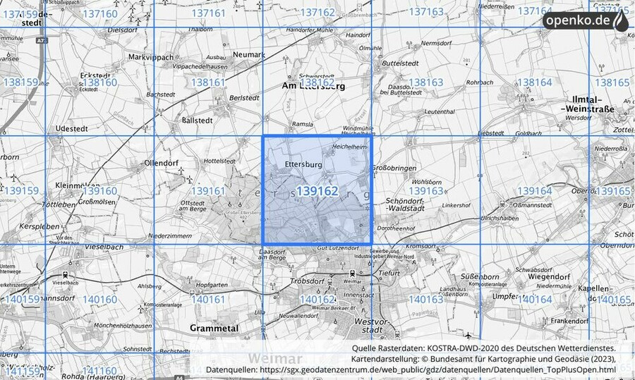 Übersichtskarte des KOSTRA-DWD-2020-Rasterfeldes Nr. 139162