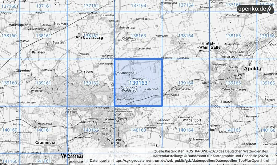 Übersichtskarte des KOSTRA-DWD-2020-Rasterfeldes Nr. 139163