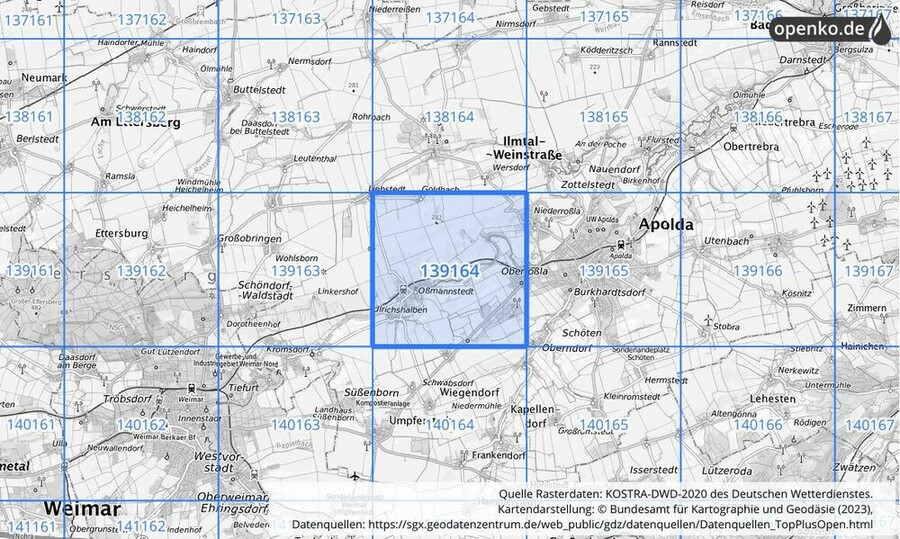 Übersichtskarte des KOSTRA-DWD-2020-Rasterfeldes Nr. 139164