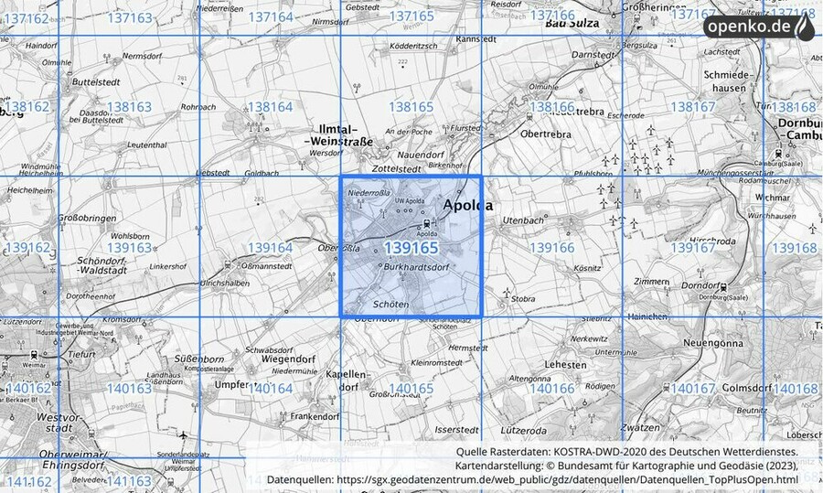 Übersichtskarte des KOSTRA-DWD-2020-Rasterfeldes Nr. 139165