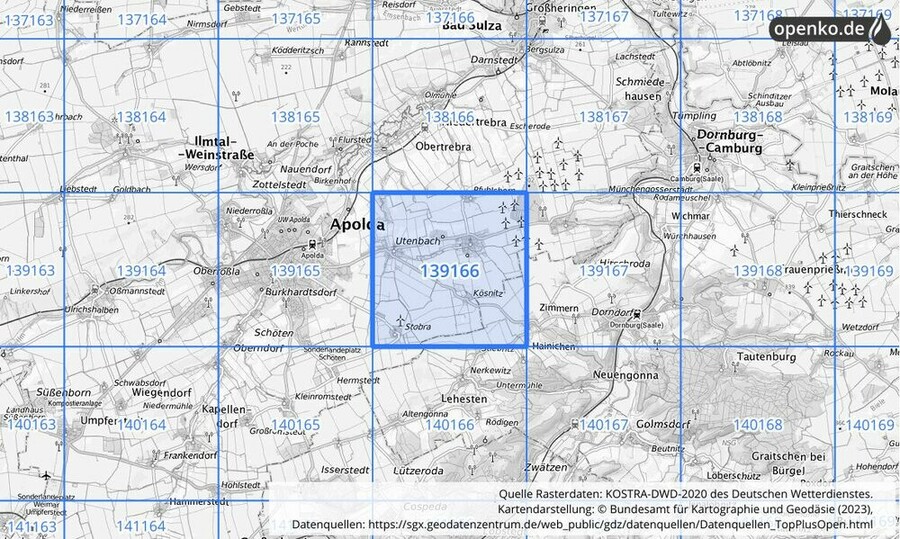 Übersichtskarte des KOSTRA-DWD-2020-Rasterfeldes Nr. 139166