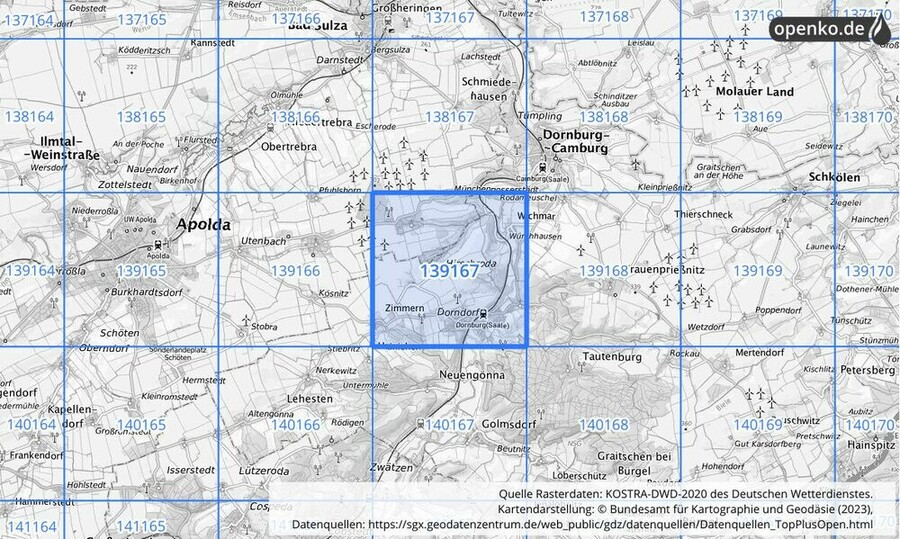 Übersichtskarte des KOSTRA-DWD-2020-Rasterfeldes Nr. 139167