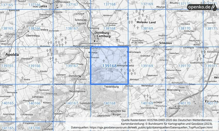 Übersichtskarte des KOSTRA-DWD-2020-Rasterfeldes Nr. 139168