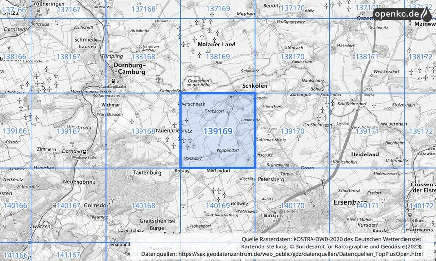 Übersichtskarte des KOSTRA-DWD-2020-Rasterfeldes Nr. 139169