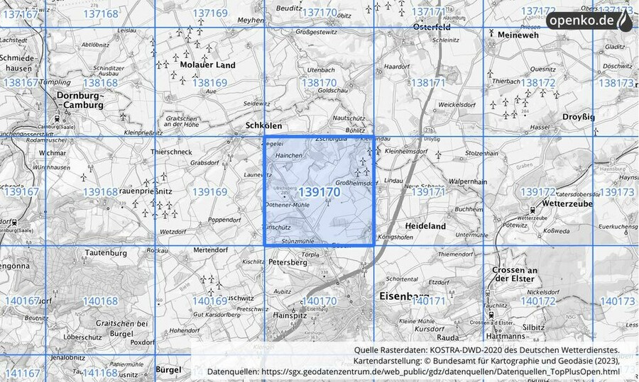 Übersichtskarte des KOSTRA-DWD-2020-Rasterfeldes Nr. 139170