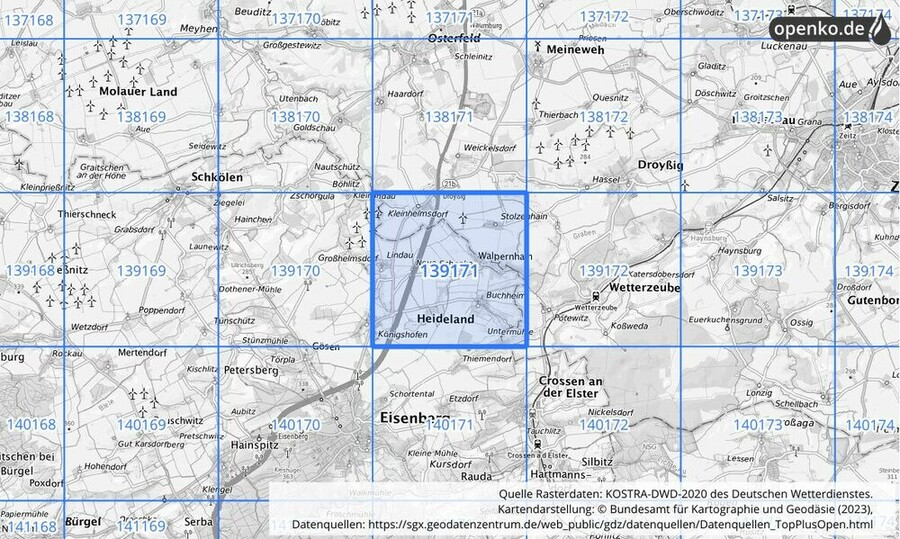 Übersichtskarte des KOSTRA-DWD-2020-Rasterfeldes Nr. 139171