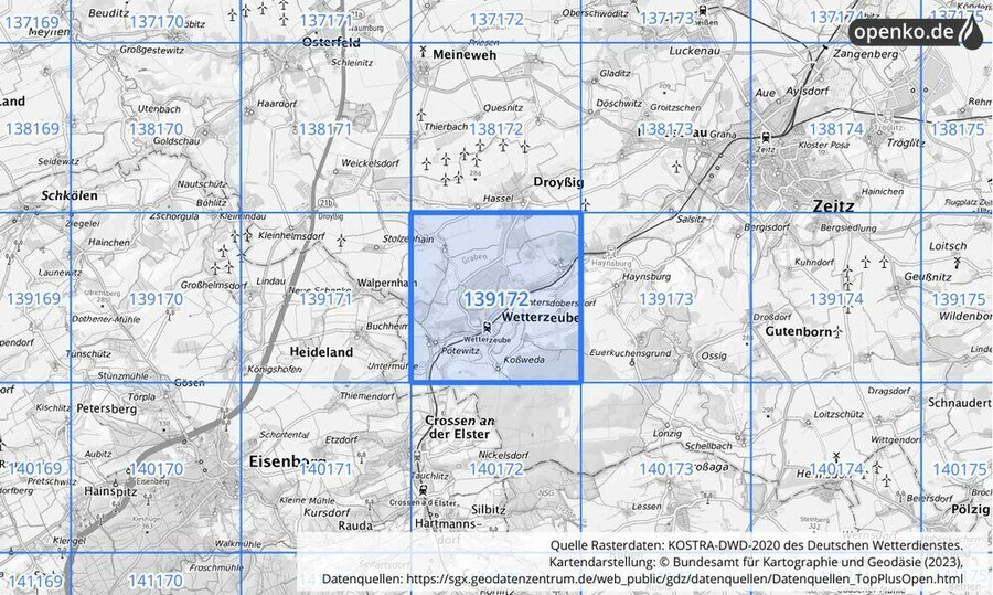 Übersichtskarte des KOSTRA-DWD-2020-Rasterfeldes Nr. 139172