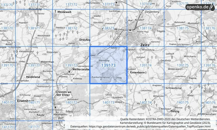 Übersichtskarte des KOSTRA-DWD-2020-Rasterfeldes Nr. 139173