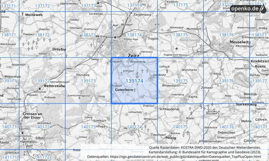 Übersichtskarte des KOSTRA-DWD-2020-Rasterfeldes Nr. 139174