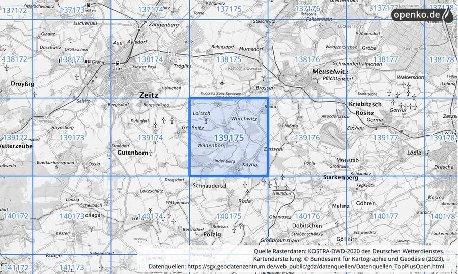 Übersichtskarte des KOSTRA-DWD-2020-Rasterfeldes Nr. 139175