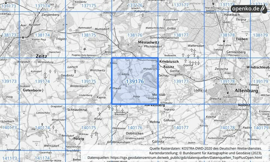 Übersichtskarte des KOSTRA-DWD-2020-Rasterfeldes Nr. 139176