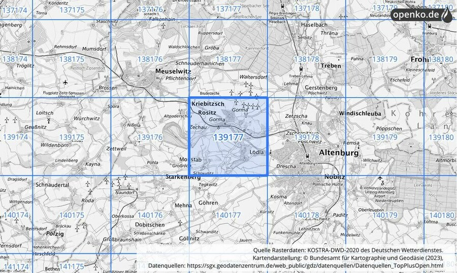 Übersichtskarte des KOSTRA-DWD-2020-Rasterfeldes Nr. 139177