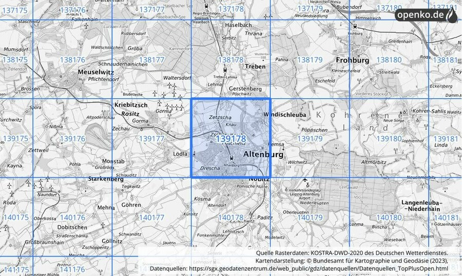 Übersichtskarte des KOSTRA-DWD-2020-Rasterfeldes Nr. 139178