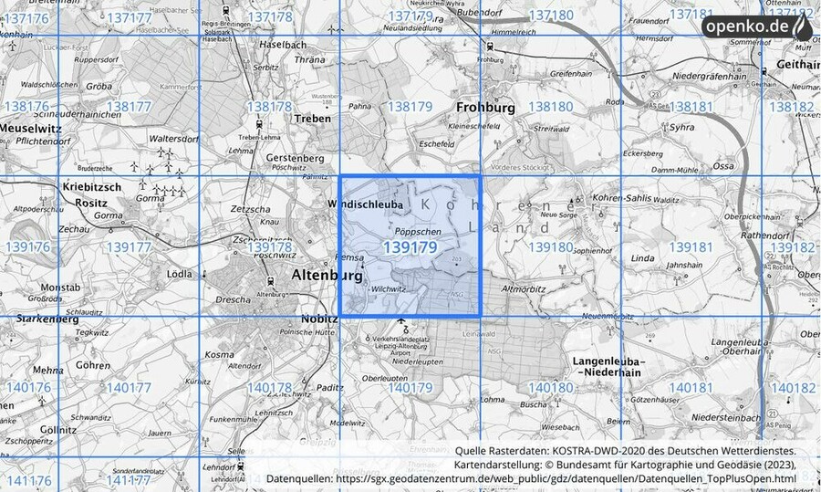 Übersichtskarte des KOSTRA-DWD-2020-Rasterfeldes Nr. 139179