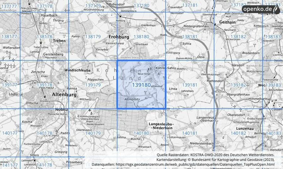 Übersichtskarte des KOSTRA-DWD-2020-Rasterfeldes Nr. 139180