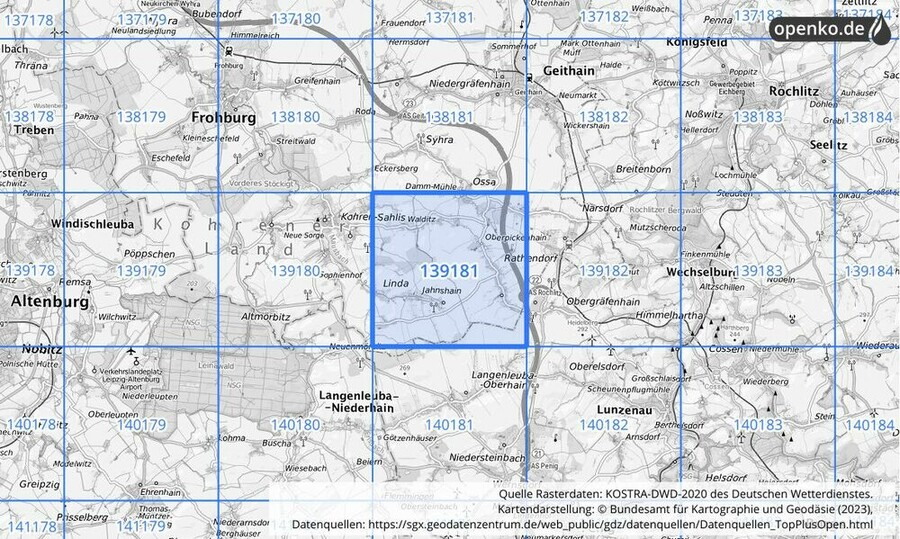 Übersichtskarte des KOSTRA-DWD-2020-Rasterfeldes Nr. 139181