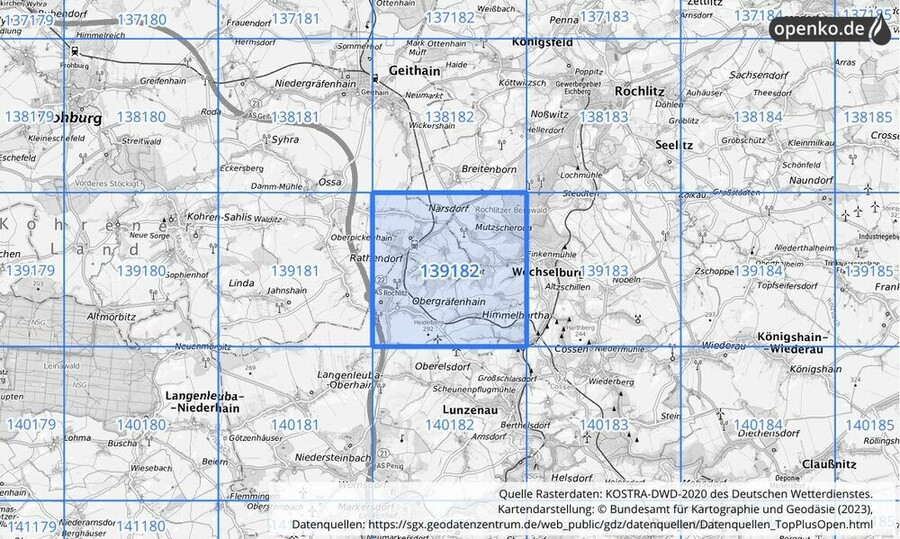 Übersichtskarte des KOSTRA-DWD-2020-Rasterfeldes Nr. 139182