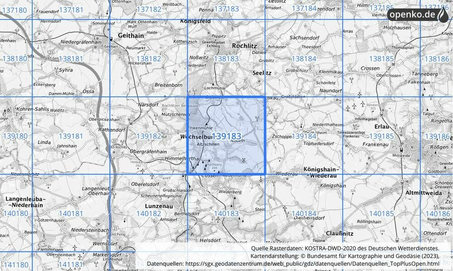 Übersichtskarte des KOSTRA-DWD-2020-Rasterfeldes Nr. 139183