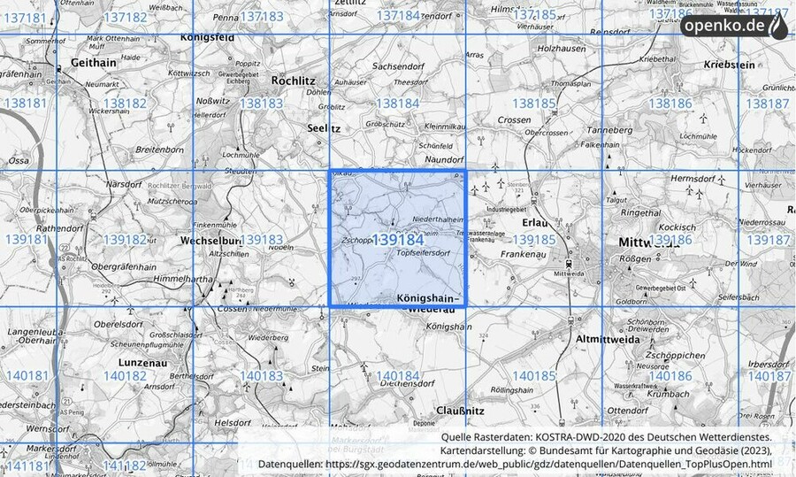 Übersichtskarte des KOSTRA-DWD-2020-Rasterfeldes Nr. 139184