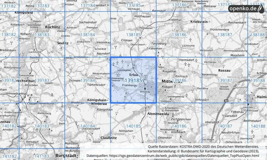 Übersichtskarte des KOSTRA-DWD-2020-Rasterfeldes Nr. 139185