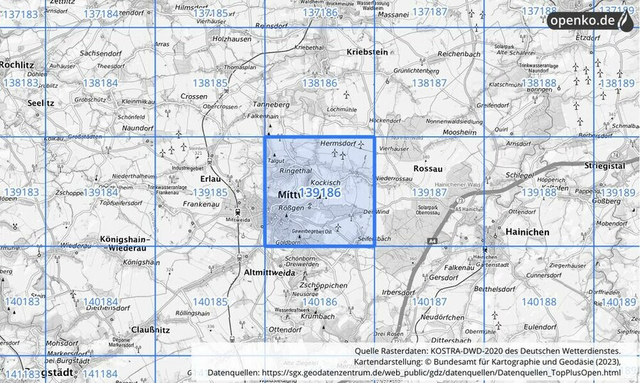 Übersichtskarte des KOSTRA-DWD-2020-Rasterfeldes Nr. 139186