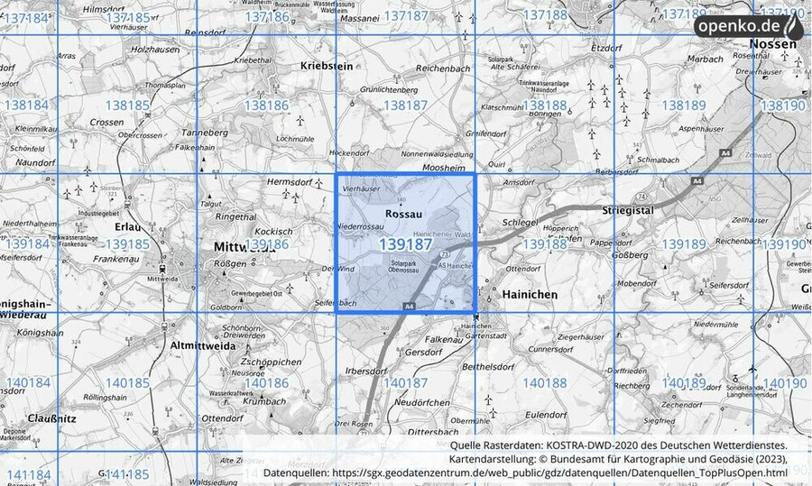 Übersichtskarte des KOSTRA-DWD-2020-Rasterfeldes Nr. 139187