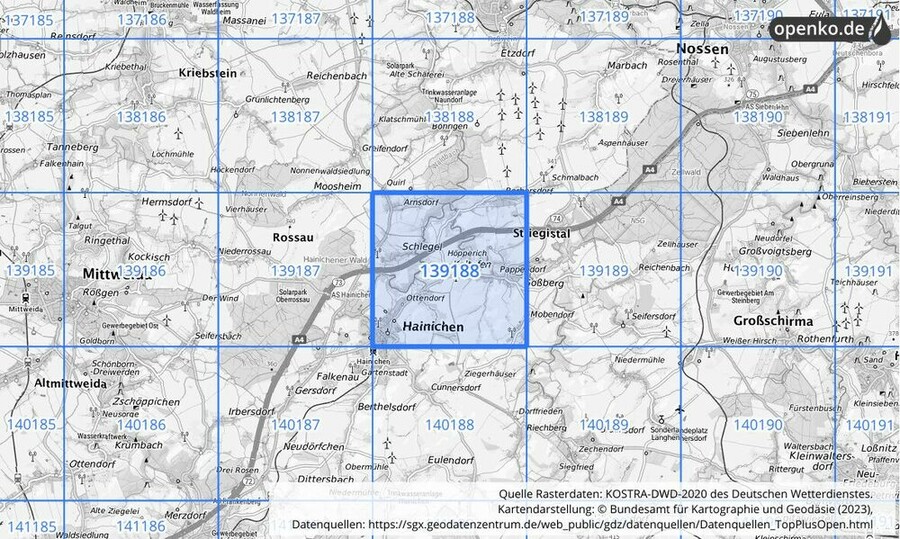 Übersichtskarte des KOSTRA-DWD-2020-Rasterfeldes Nr. 139188