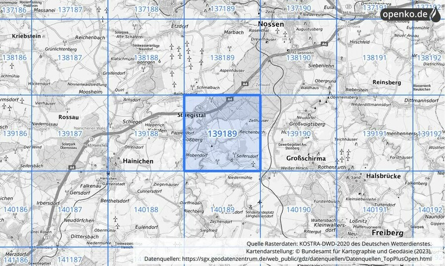 Übersichtskarte des KOSTRA-DWD-2020-Rasterfeldes Nr. 139189