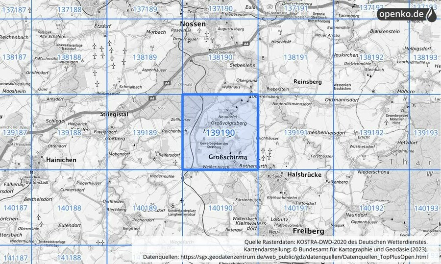 Übersichtskarte des KOSTRA-DWD-2020-Rasterfeldes Nr. 139190