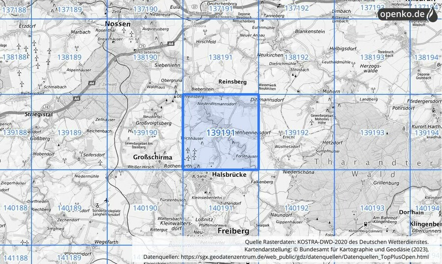 Übersichtskarte des KOSTRA-DWD-2020-Rasterfeldes Nr. 139191