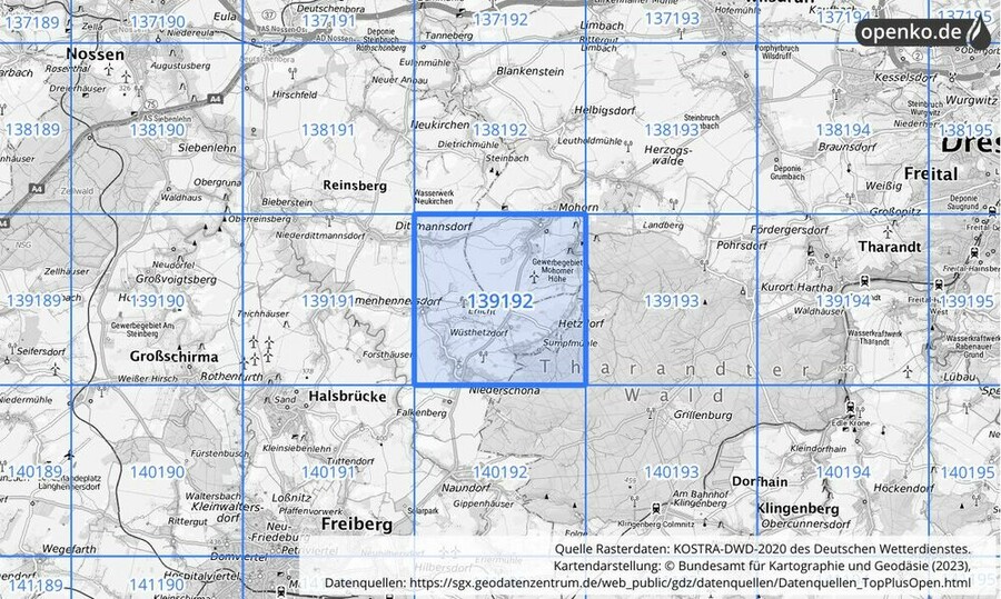 Übersichtskarte des KOSTRA-DWD-2020-Rasterfeldes Nr. 139192