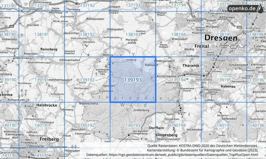 Übersichtskarte des KOSTRA-DWD-2020-Rasterfeldes Nr. 139193