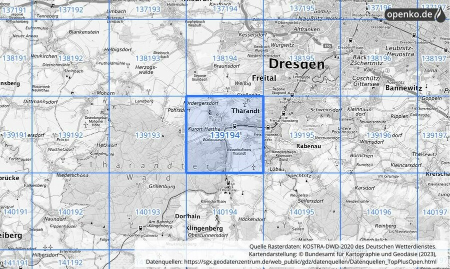 Übersichtskarte des KOSTRA-DWD-2020-Rasterfeldes Nr. 139194