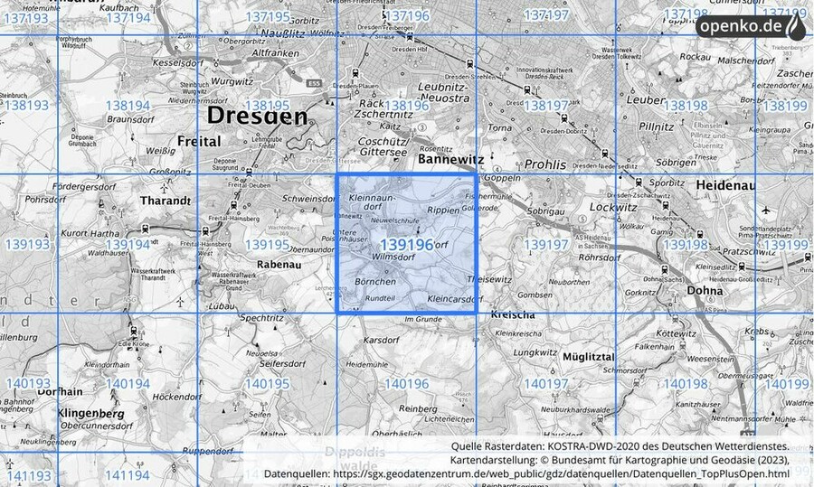 Übersichtskarte des KOSTRA-DWD-2020-Rasterfeldes Nr. 139196