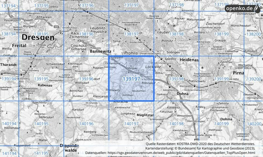 Übersichtskarte des KOSTRA-DWD-2020-Rasterfeldes Nr. 139197