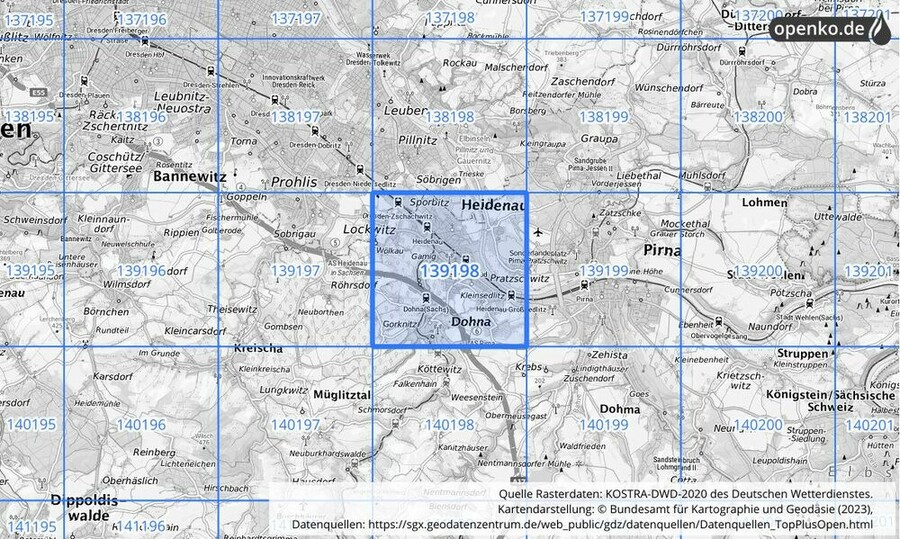 Übersichtskarte des KOSTRA-DWD-2020-Rasterfeldes Nr. 139198