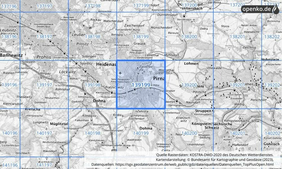 Übersichtskarte des KOSTRA-DWD-2020-Rasterfeldes Nr. 139199