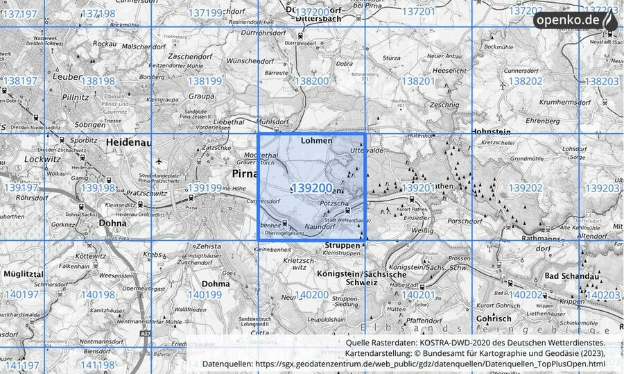 Übersichtskarte des KOSTRA-DWD-2020-Rasterfeldes Nr. 139200